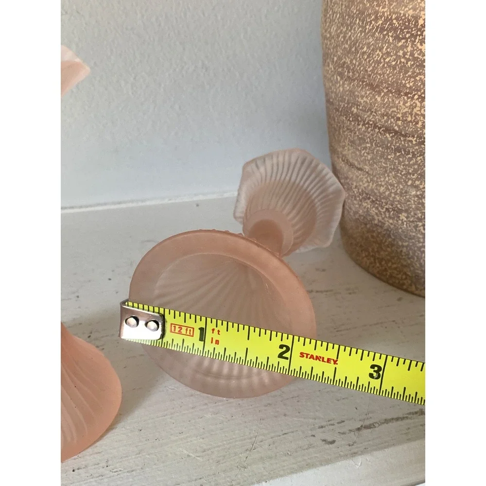 Vintage Frosted Pink Satin Glass Taper Candle Holders Set of 2 Ribbed Tulip 4.5